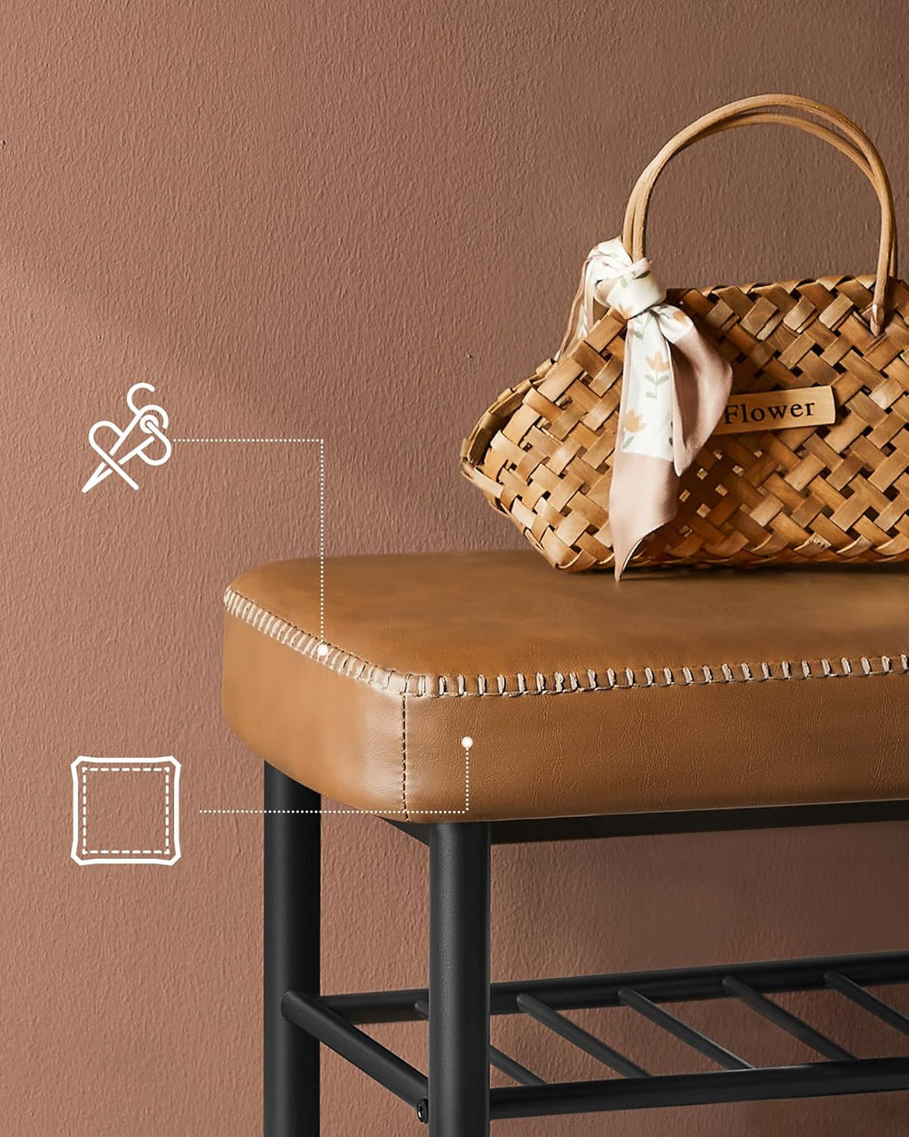 VASAGLE Banca pantofi 80x30x50 cm, cu rafturi si sezut tapitat, otel si piele PU, maro caramel