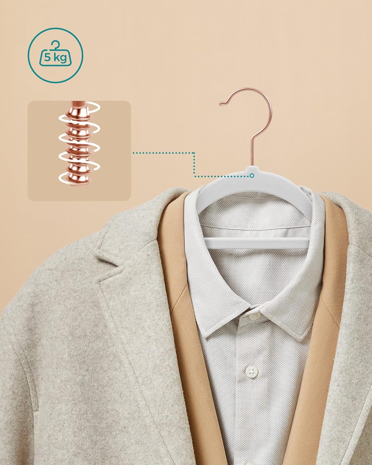 SONGMICS Set 30 umerase catifea cu carlig rotativ, 44x24 cm, alb