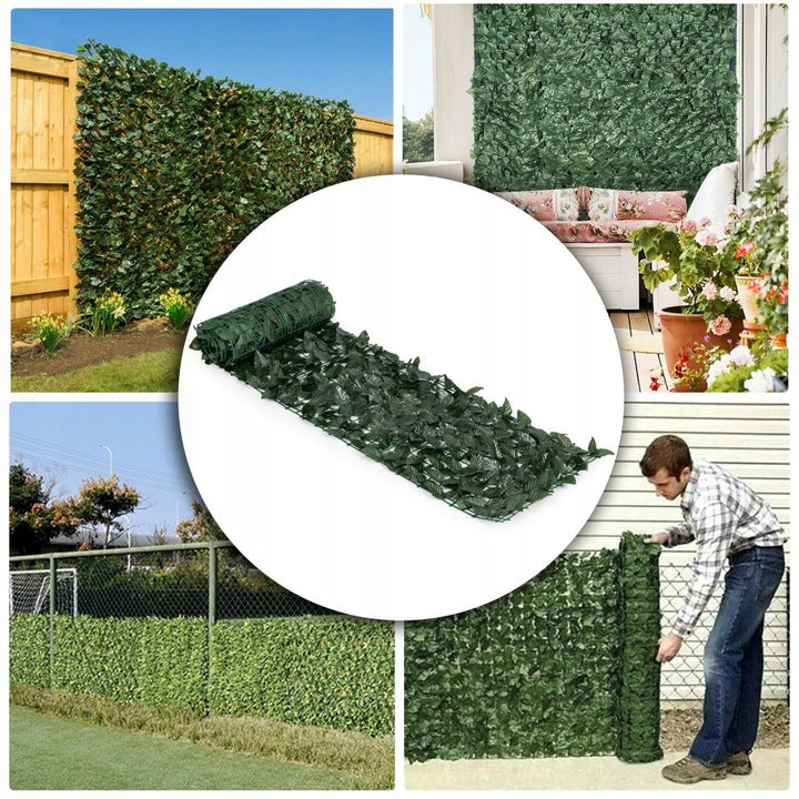 Gard artificial decorativ 50x300 cm, frunze ornamentale, protectie UV si intemperii, plastic PVC, verde inchis