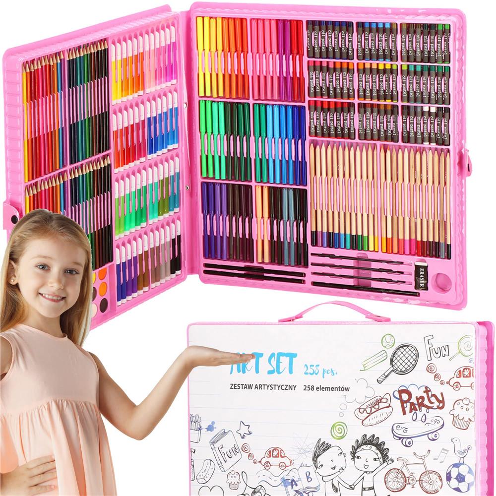 Set de pictura si desen pentru copii, 258 de piese, trusa plastic roz