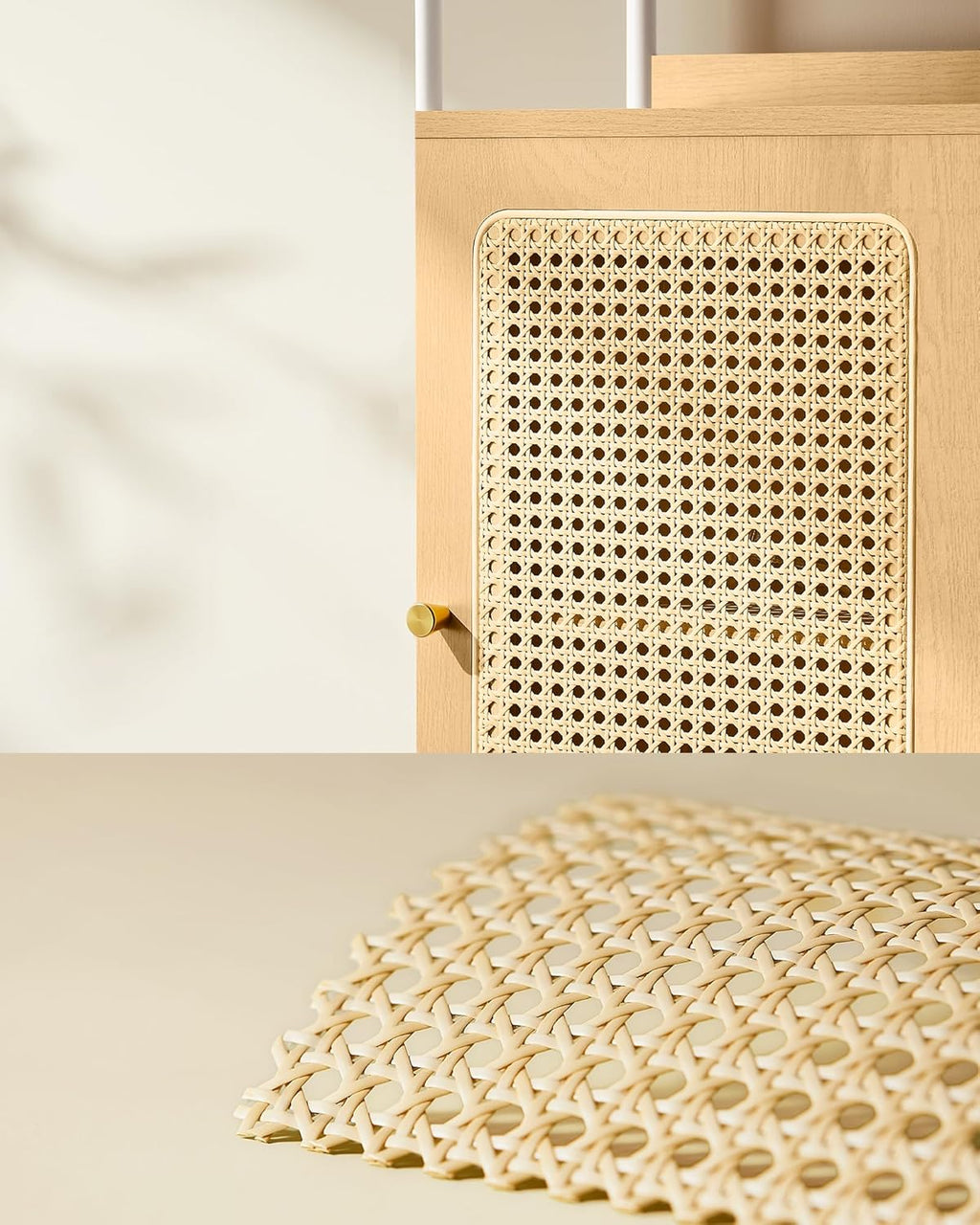 VASAGLE Biblioteca cu 6 etaje, cadru metalic, usa cu efect ratan Boho, 30x40x175 cm, alb si bej