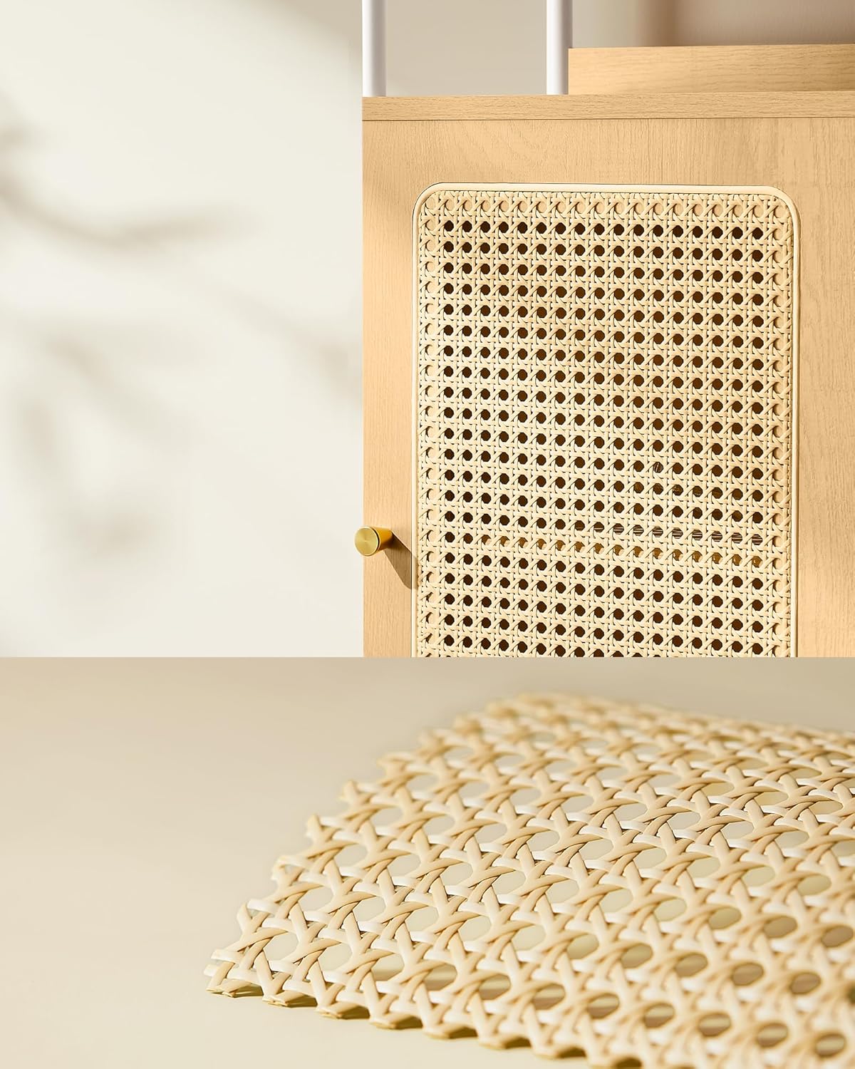 VASAGLE Biblioteca cu 6 etaje, cadru metalic, usa cu efect ratan Boho, 30x40x175 cm, alb si bej