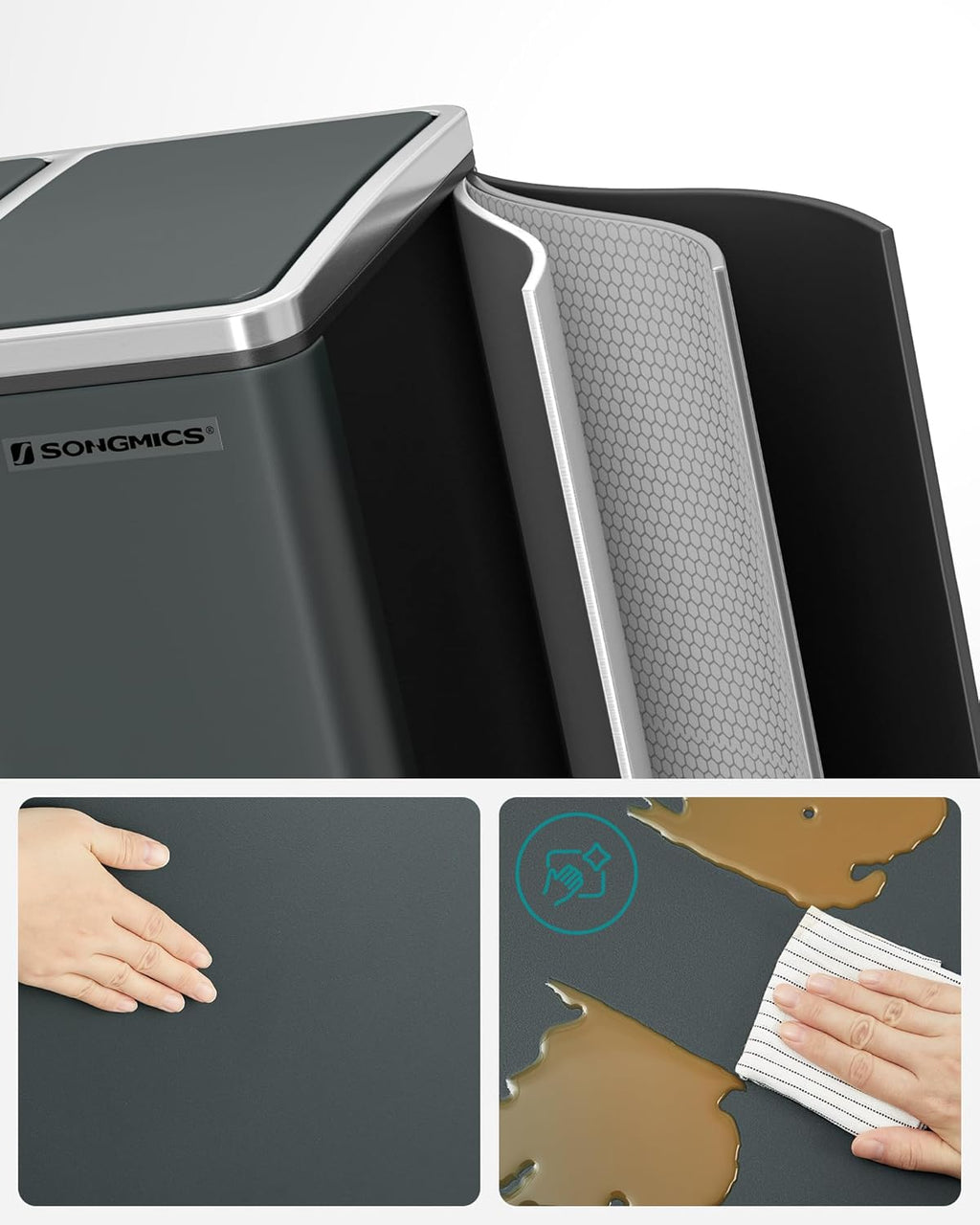 SONGMICS Cos de gunoi din inox cu 3 compartimente colectare selectiva, cu galeti interioare, 3x18litri, gri inchis