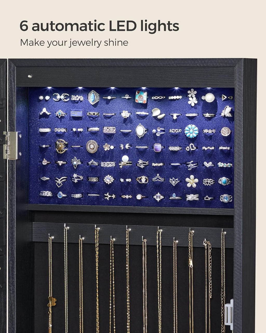 SONGMICS Dulap de bijuterii cu oglinda, din MDF, montare pe perete, 37x10x120 cm, negru