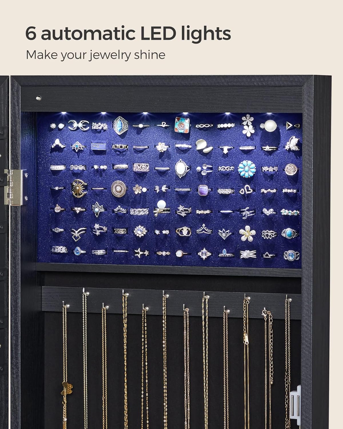 SONGMICS Dulap de bijuterii cu oglinda, din MDF, montare pe perete, 37x10x120 cm, negru