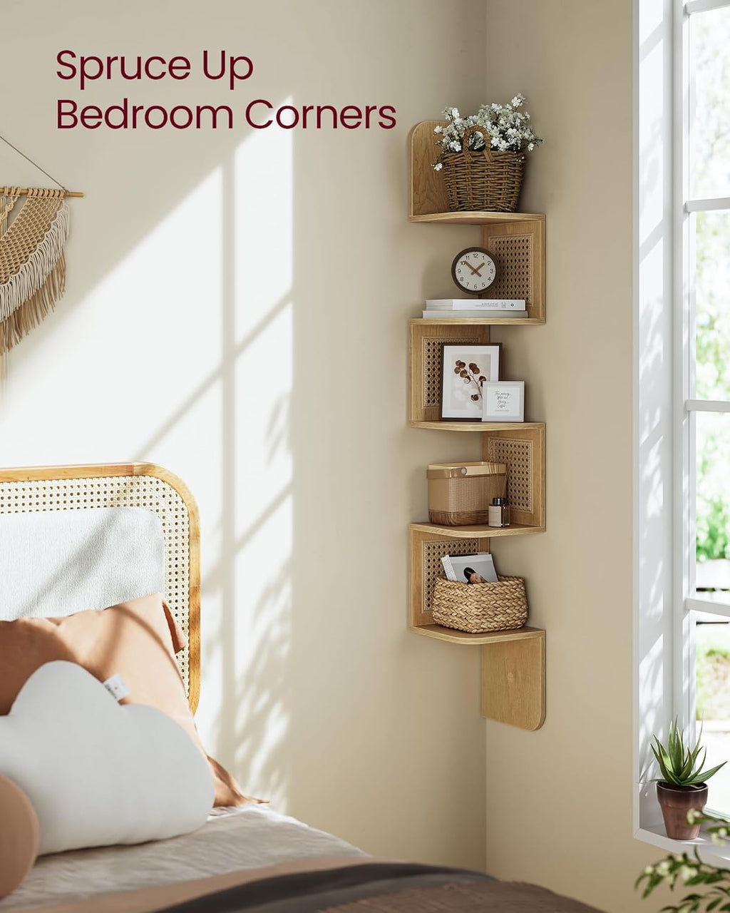 VASAGLE Raft de colt plutitor pe 5 niveluri, stil boho, 20x20x126 cm, bej