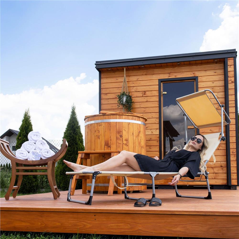 Sezlong pliabil cu parasolar, 188x57x38cm, sarcina 120kg, crem