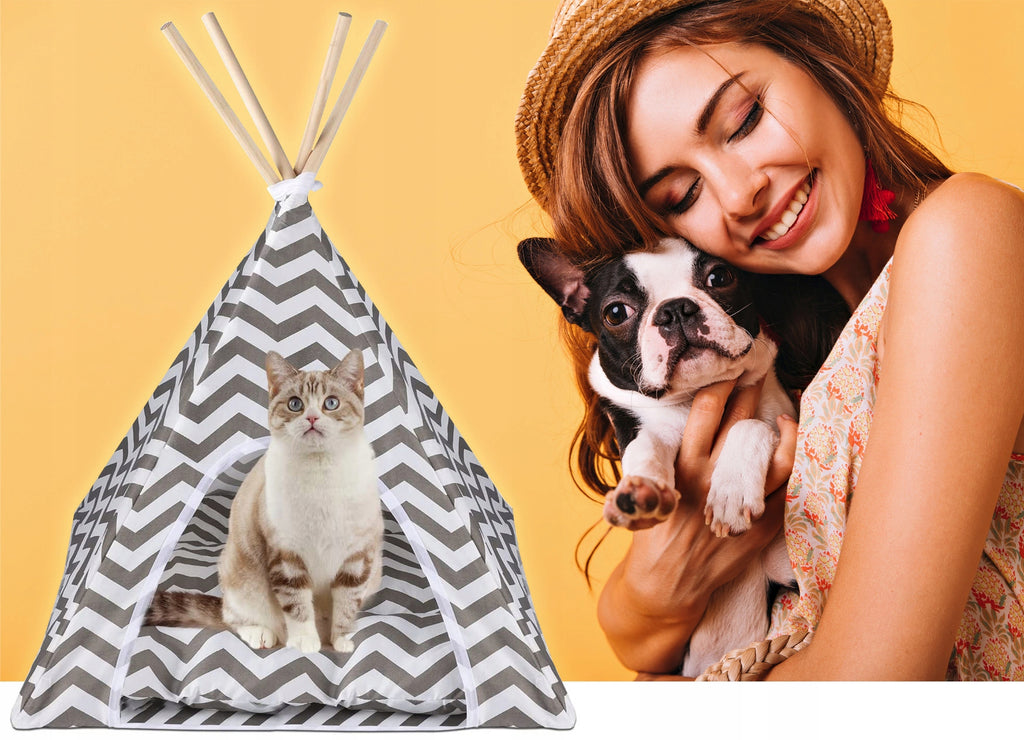 Cort de interior pentru catei, pisici si iepurasi, gri cu alb, 50x40x60cm