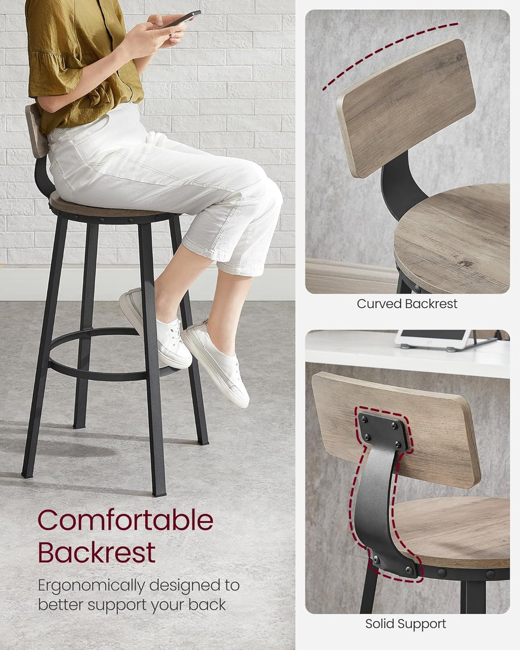 VASAGLE Set de 2 scaune de bar inalte cu spatar, cadru din otel, industrial, 54x99cm, gri stejar