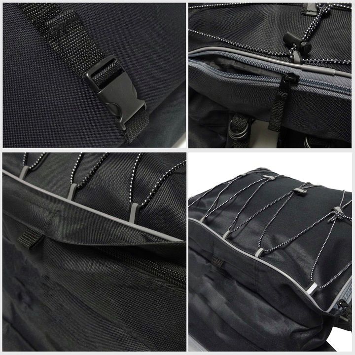 Geanta portbagaj bicicleta dubla, 8 buzunare laterale, 39x34x43cm, negru cu elemente reflectorizante gri, protectie impermeabila