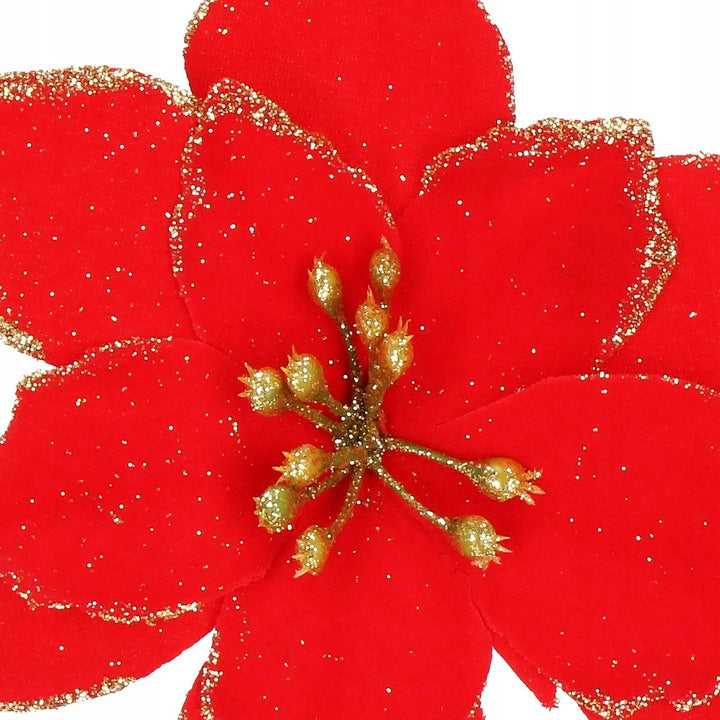 Set 10 ornamente pentru bradul de Craciun, stea Poinsettia, 13cm, rosu cu sclipici