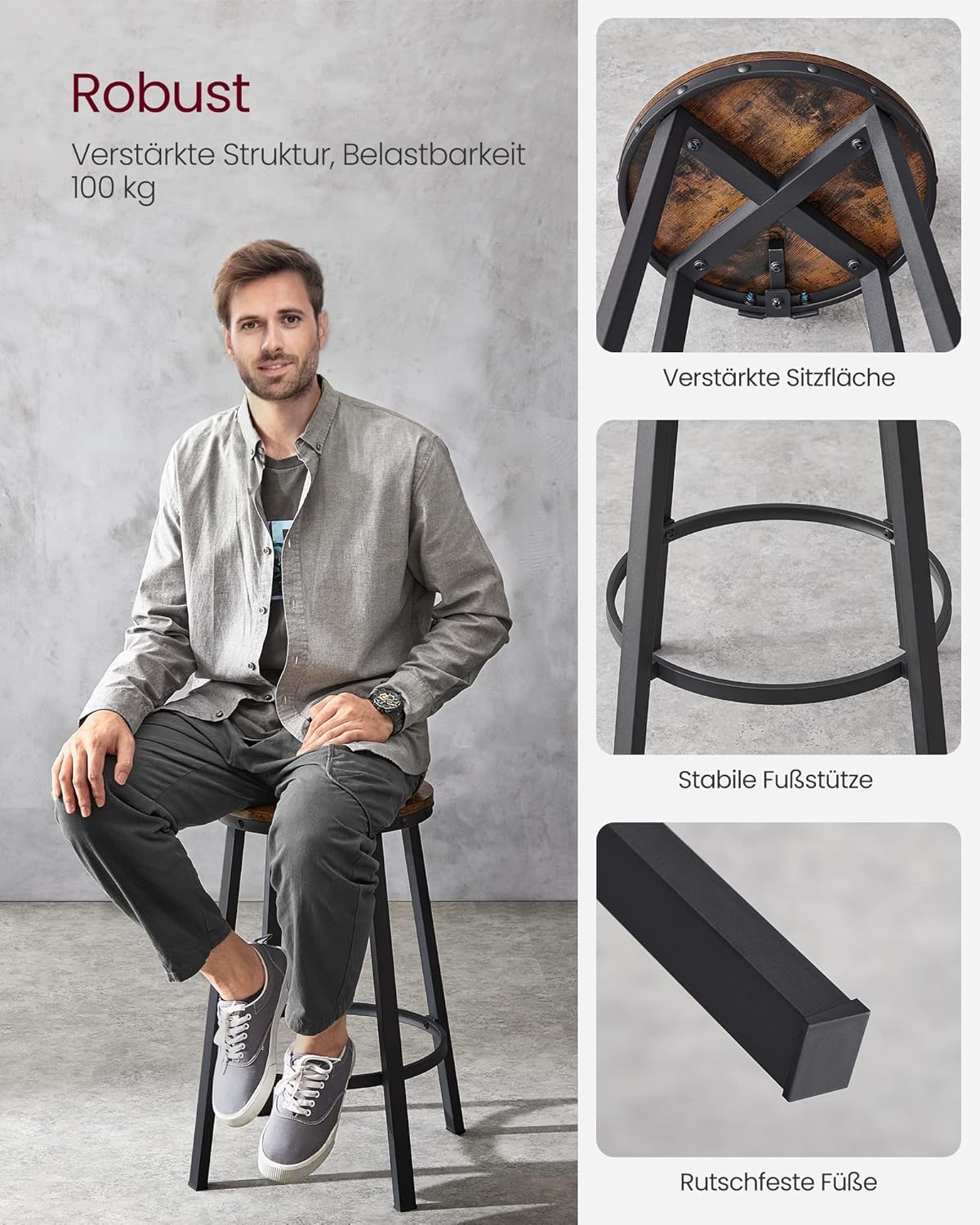 VASAGLE Set de 2 scaune de bar inalte cu spatar, cadru din otel, industrial, 51x89cm, maro rustic