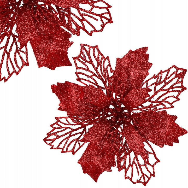 Set 10 ornamente pentru bradul de Craciun, stea Poinsettia, 16cm, visiniu