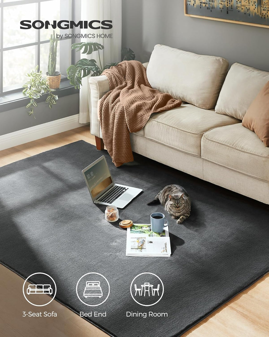 SONGMICS Covor decorativ antiderapant, lavabil la masina, 160×230 cm, gri carbune