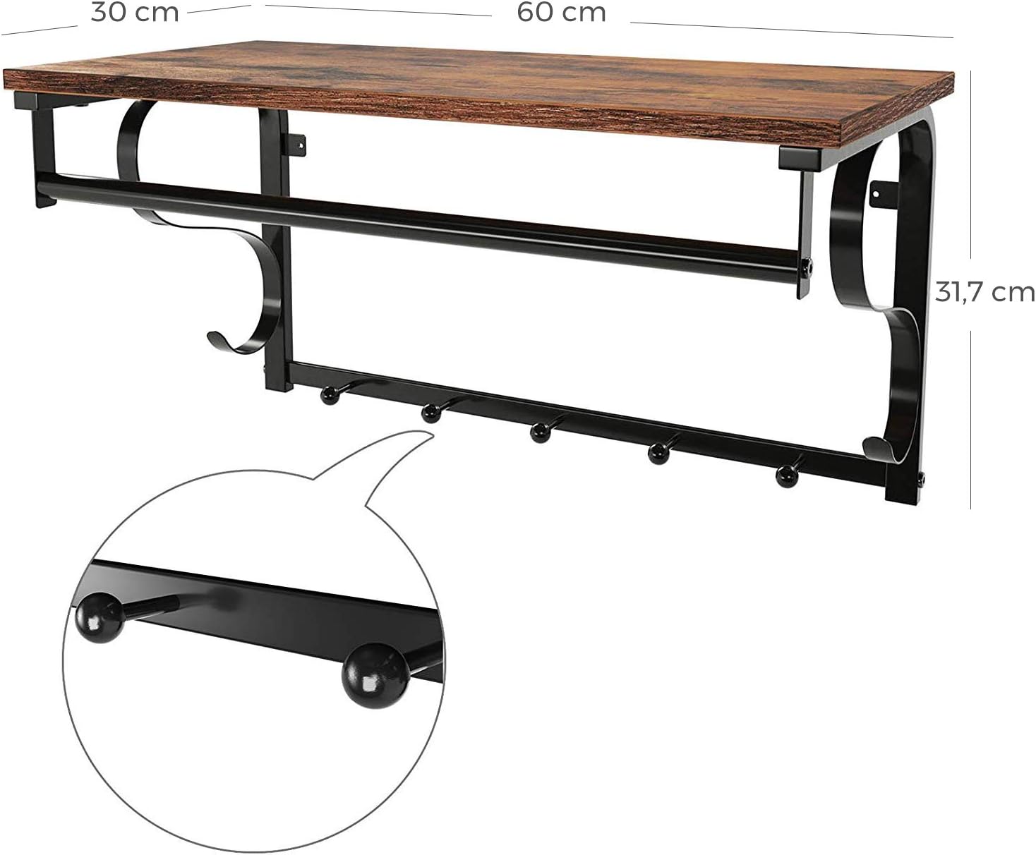 VASAGLE Cuier de perete cu raft de depozitare si sina, 5 carlige, 30x60x32 cm, maro rustic