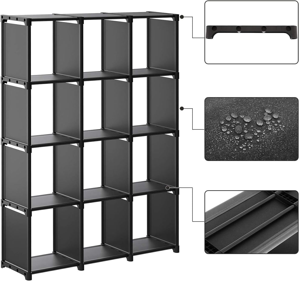 SONGMICS Raft de depozitare modular cu 12 cuburi, textil, personalizabil, 30x105x140 cm, negru