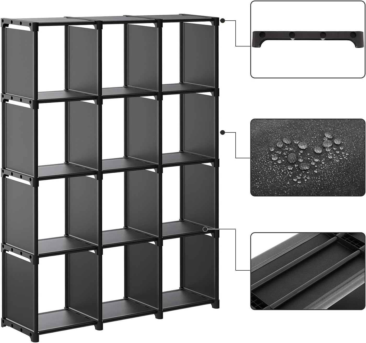SONGMICS Raft de depozitare modular cu 12 cuburi, textil, personalizabil, 30x105x140 cm, negru