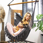 Hamac tip leagan suspendat pentru casa sau gradina HM45, gri inchis cu perne, 130x100cm, 150kg