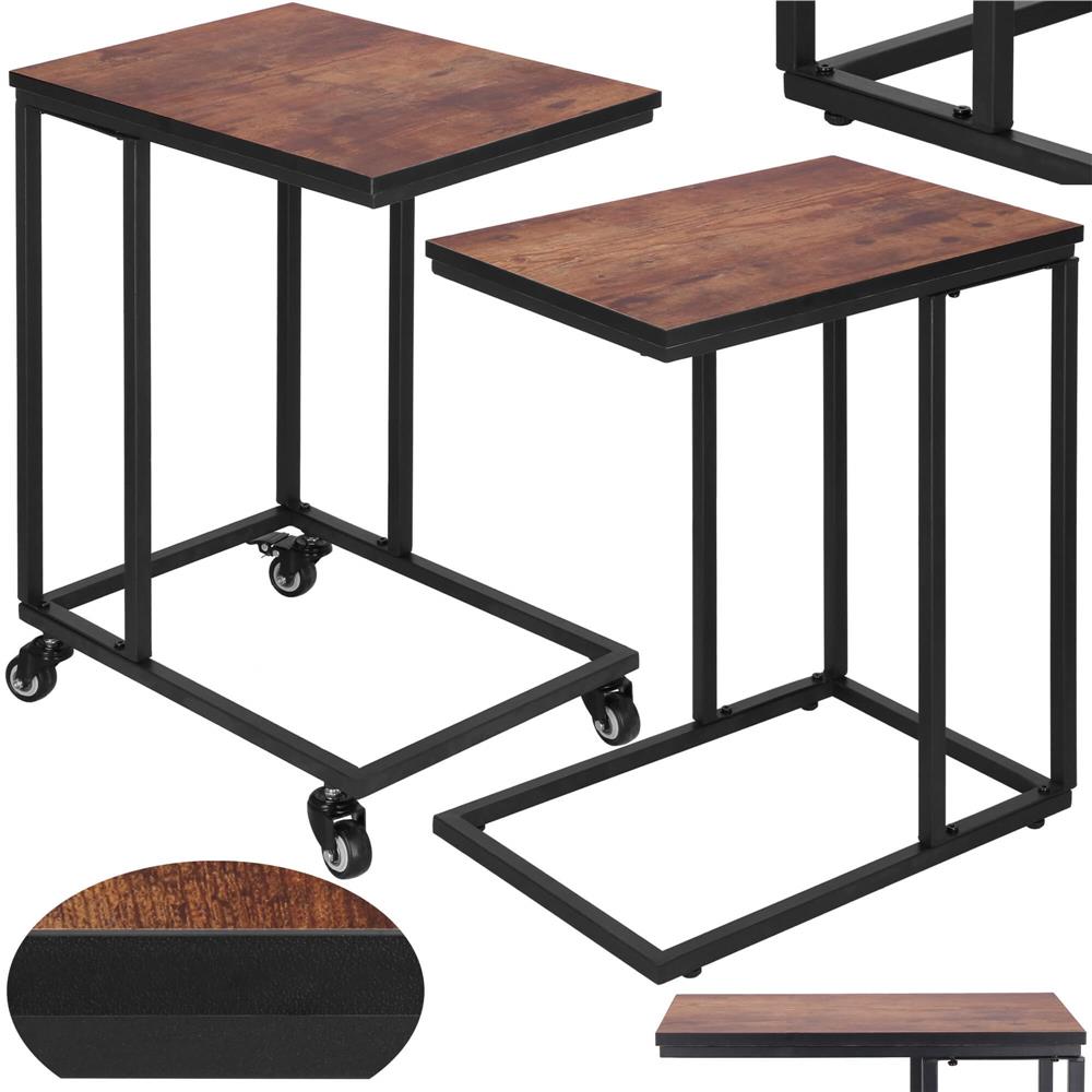 Masuta de cafea, cu cadru de otel si roti, industrial, 35x50x66 cm, maro wenge