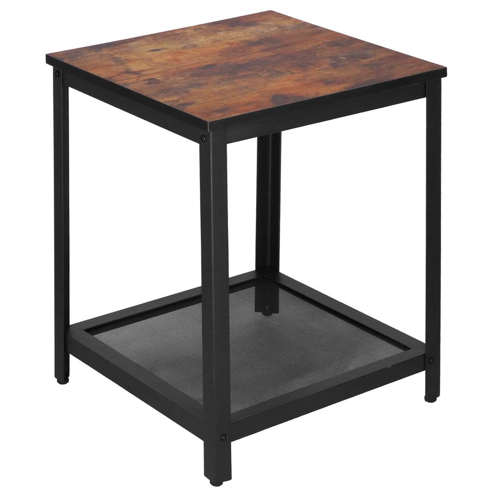 Masa de cafea patrata, noptiera cu cadru otel si polita de depozitare, 45x45x55 cm, maro rustic