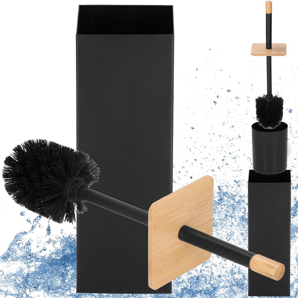 Perie WC cu rezervor detasabil si capac, din metal si bambus, 40 cm, negru