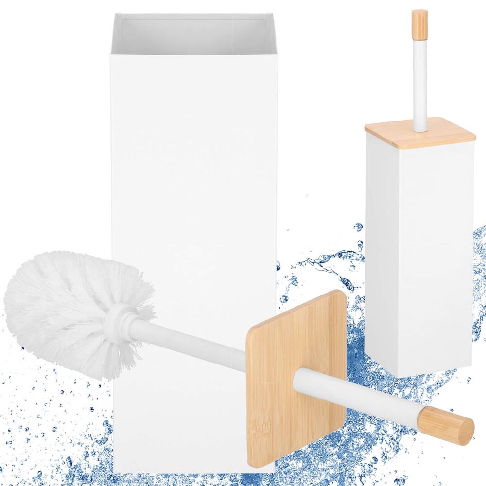 Perie WC cu rezervor detasabil si capac, din metal si bambus, 40 cm, alb