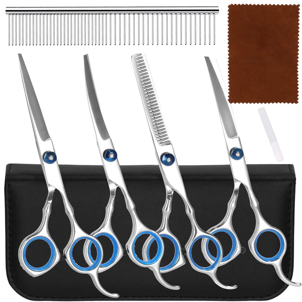 Set de ingrijire pentru animale de companie, cu 4 foarfece pentru tuns si accesorii