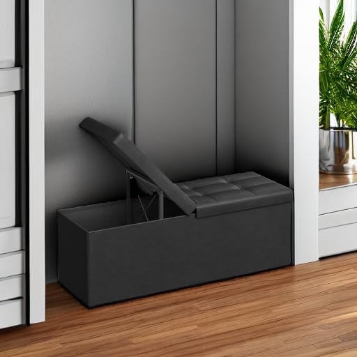 SONGMICS Taburet pliabil cu sezut moale, spatiu de depozitare 120litri, maxim 300kg, 110x38x38cm, negru