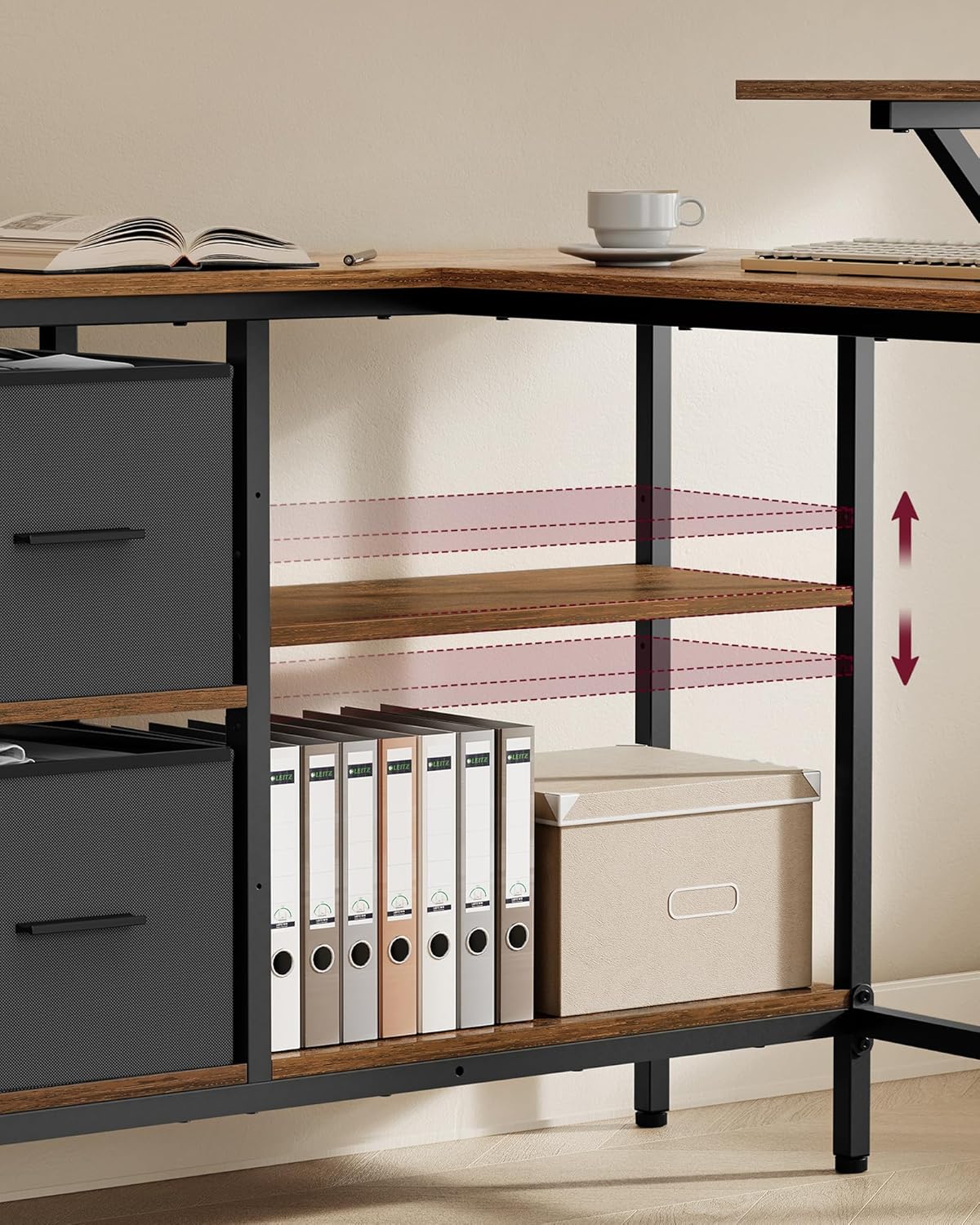 VASAGLE Birou in forma de L, suport monitor, 2 rafturi si 2 sertare, 105x135x76 cm, maro rustic