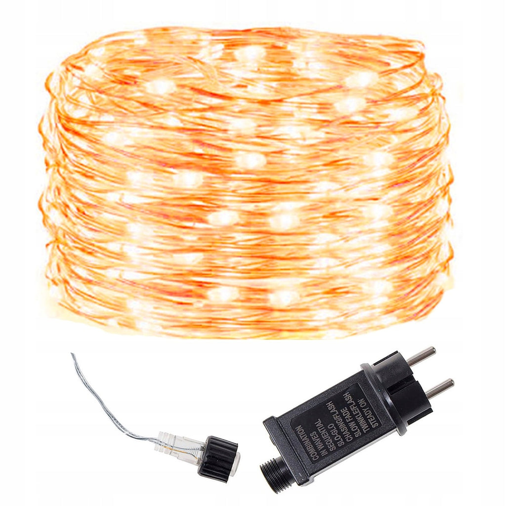 Instalatie lumina decorativa cu 300 LED-uri, 30m, pentru interior/exterior, iluminare galbena