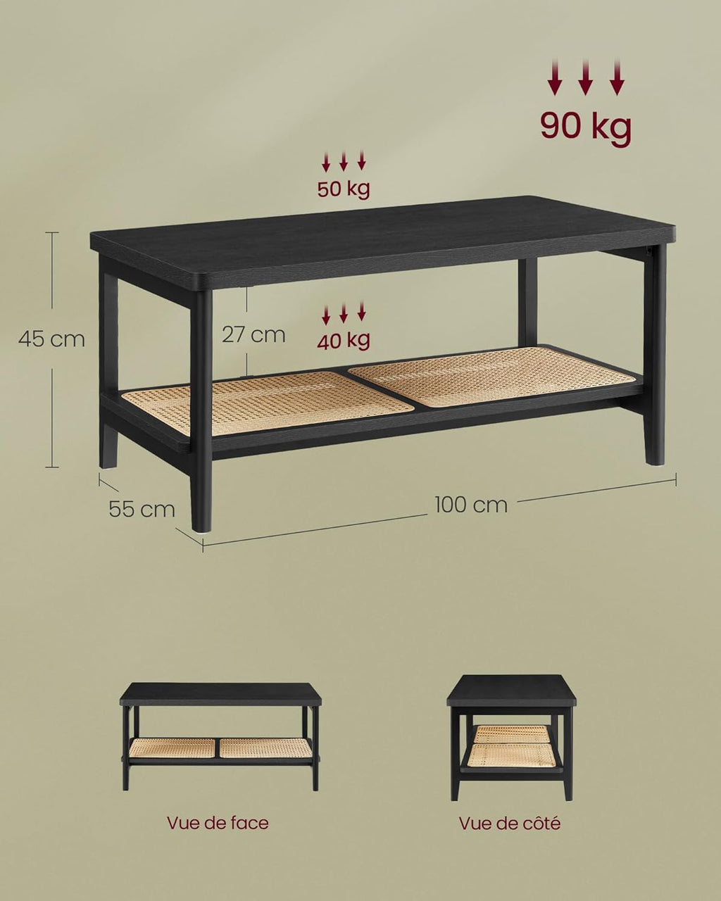 VASAGLE Masuta de cafea, din MDF, cu spatiu de depozitare pe 2 nivele, 55x100x45 cm, negru