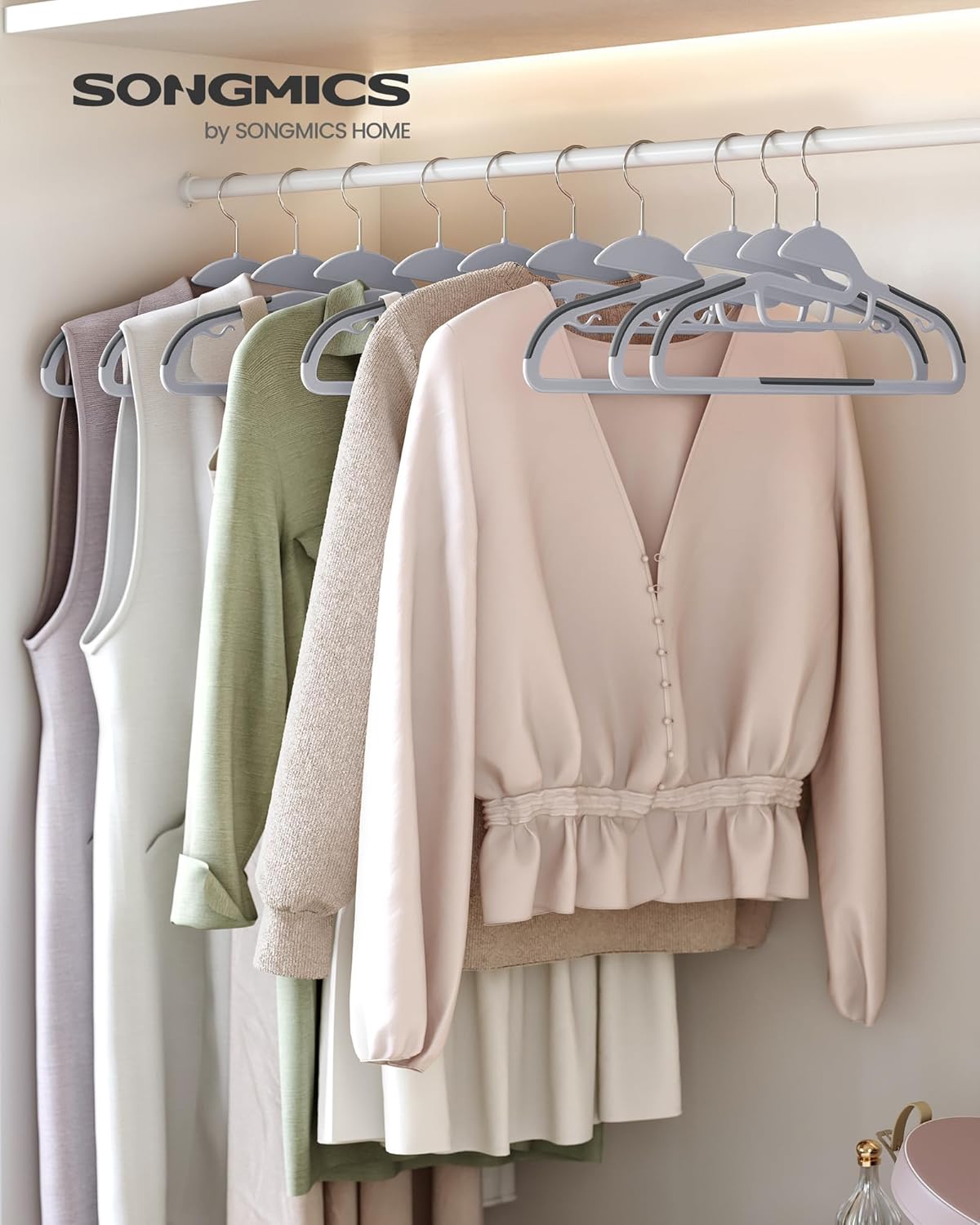 SONGMICS Set de 50 de umerase pentru haine, anti alunecare, bara de cravata si carlig pivotant, 42 cm, gri