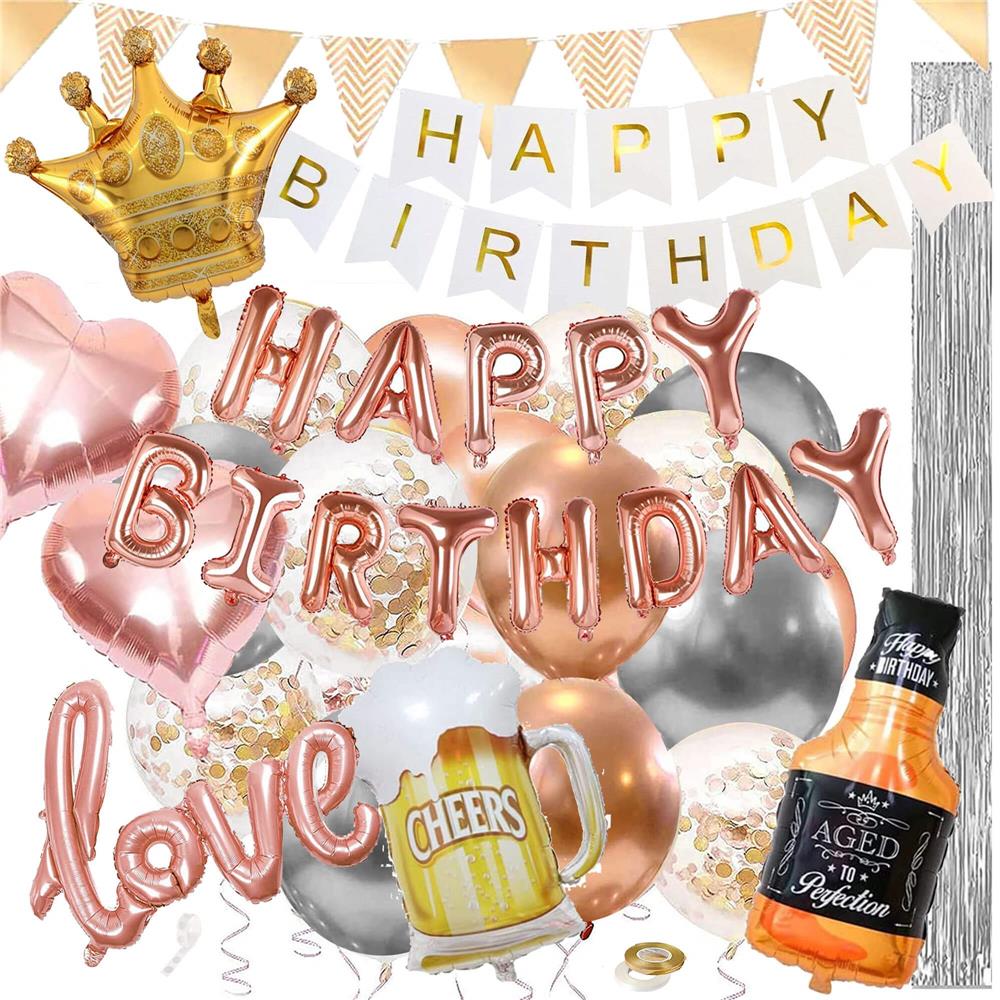 Set 48 baloane si decoratiuni, Happy Birthday, argintiu, roz