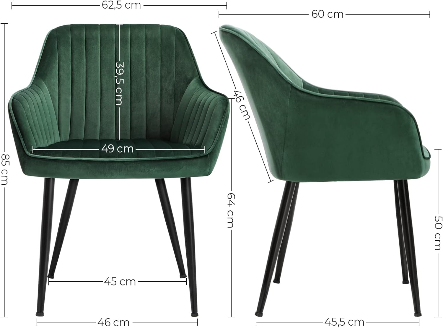 SONGMICS Scaun living tapitat din catifea cu cotiere, sarcina 120 kg, 63x60x85 cm, verde