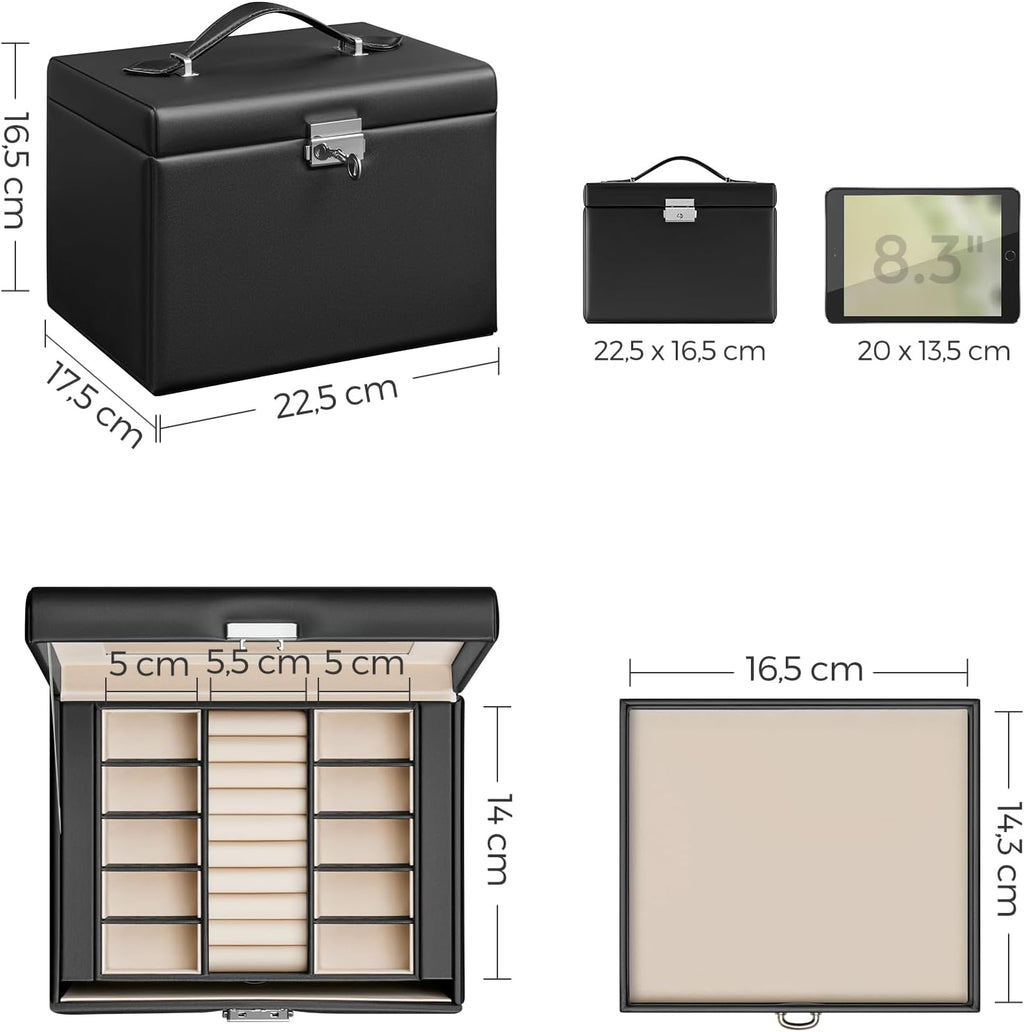 SONGMICS Cutie de bijuterii cu 4 nivele, 3 sertare, oglinda si incuietoare, 18x23x17cm, negru