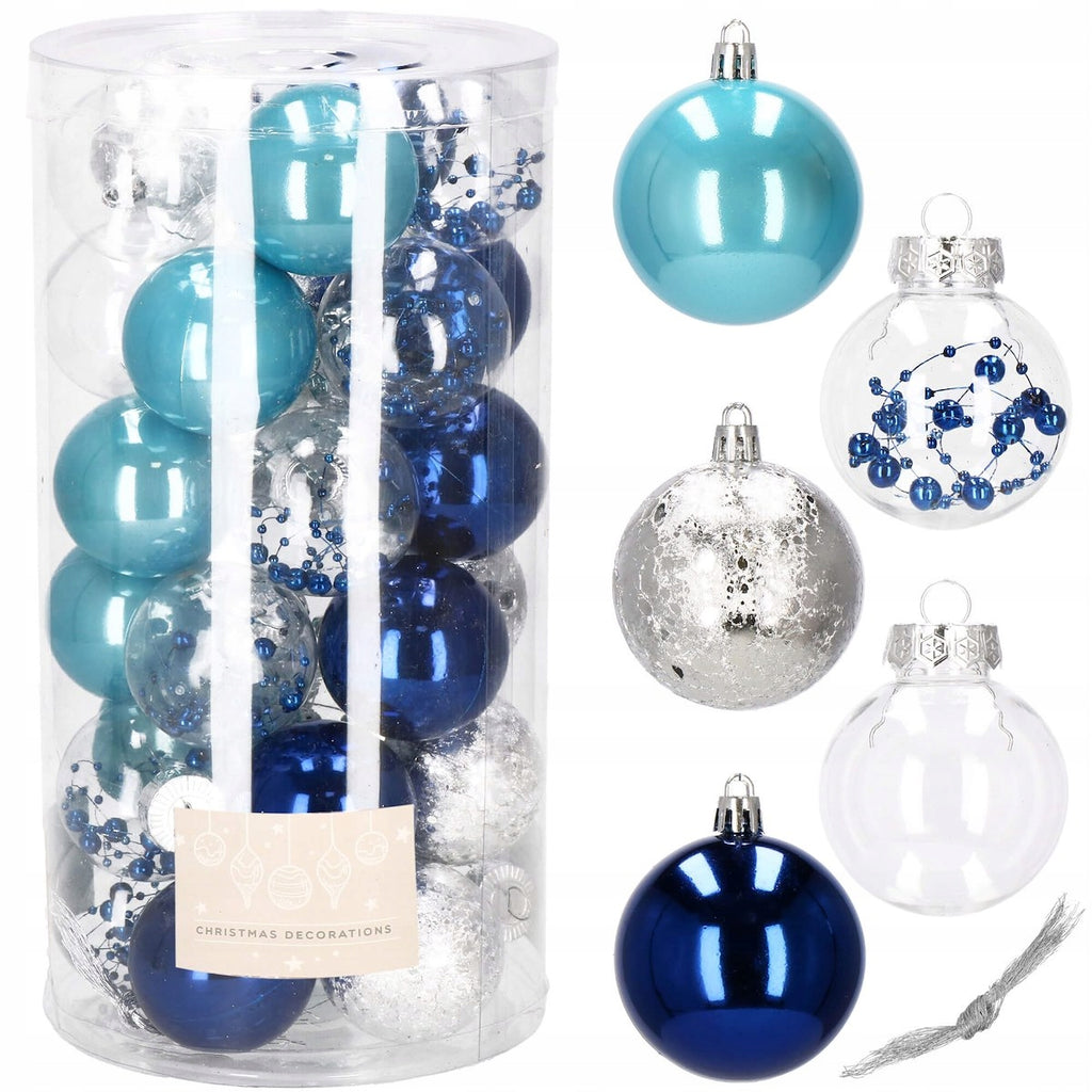 Set globuri de Craciun Inedit, 30 bucati, 6cm, transparente si albastru