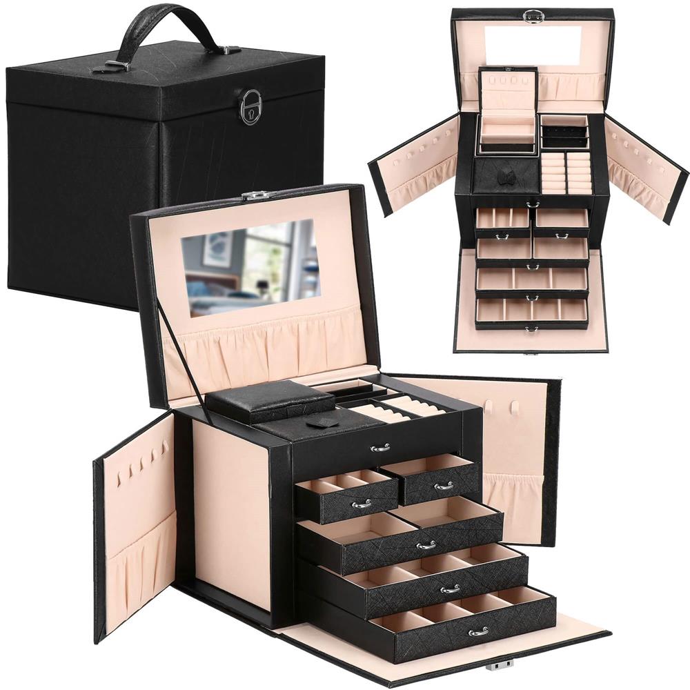 Cutie depozitare si organizare bijuterii, piele ecologica + velur, 26 x 21,5 x 19 cm, negru