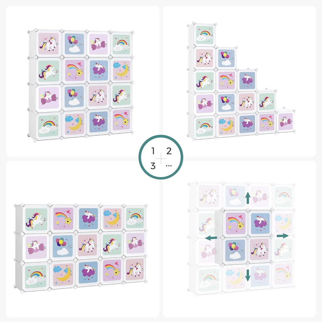 SONGMICS Dulap modular de depozitare jucarii, 16 cuburi cu usi, 123x31x123cm, alb