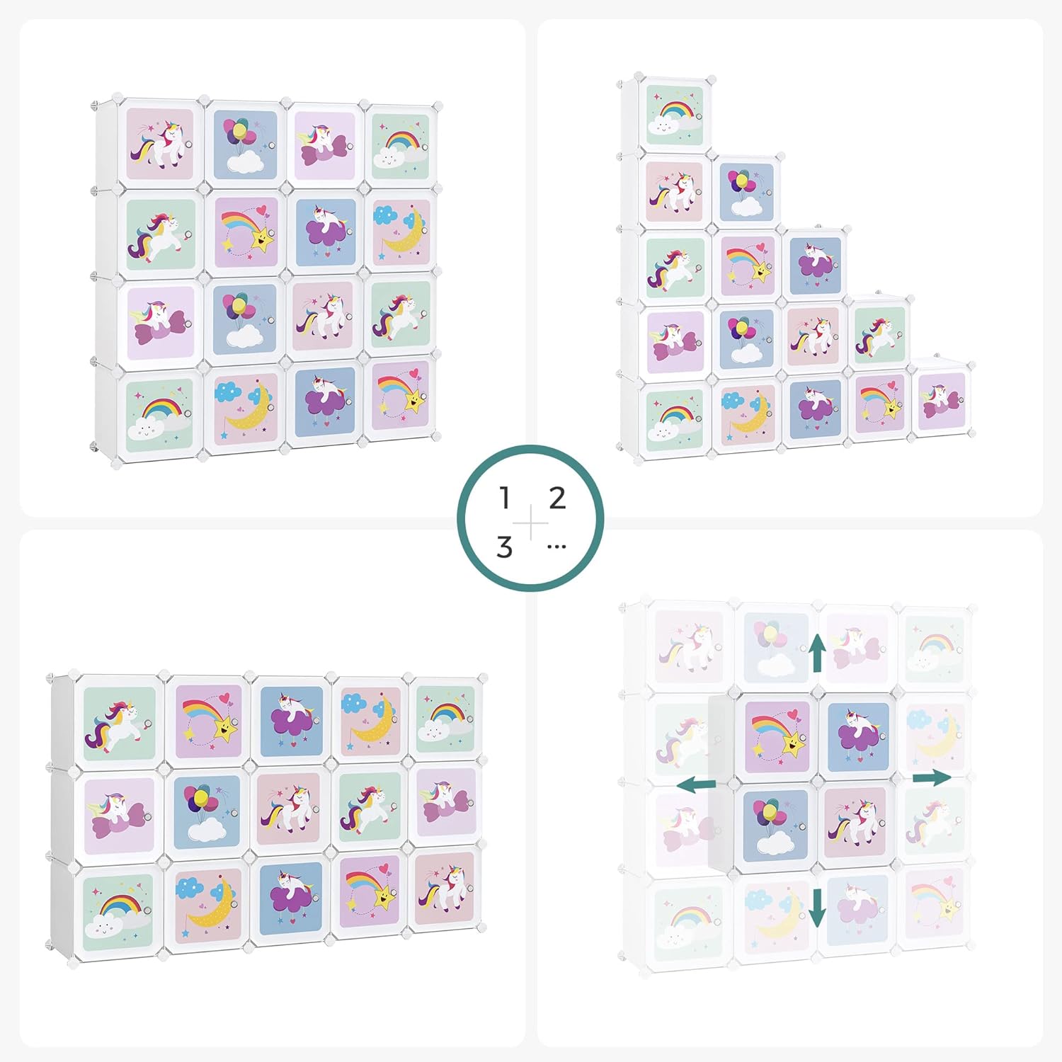 SONGMICS Dulap modular de depozitare jucarii, 16 cuburi cu usi, 123x31x123cm, alb