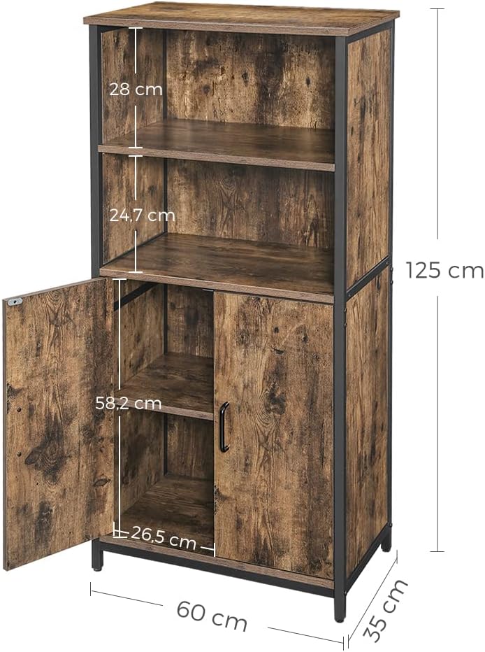 VASAGLE Comoda cu rafturi tip bufet, utilizare multifunctionala, stil industrial, 35x60x125cm, maro rustic