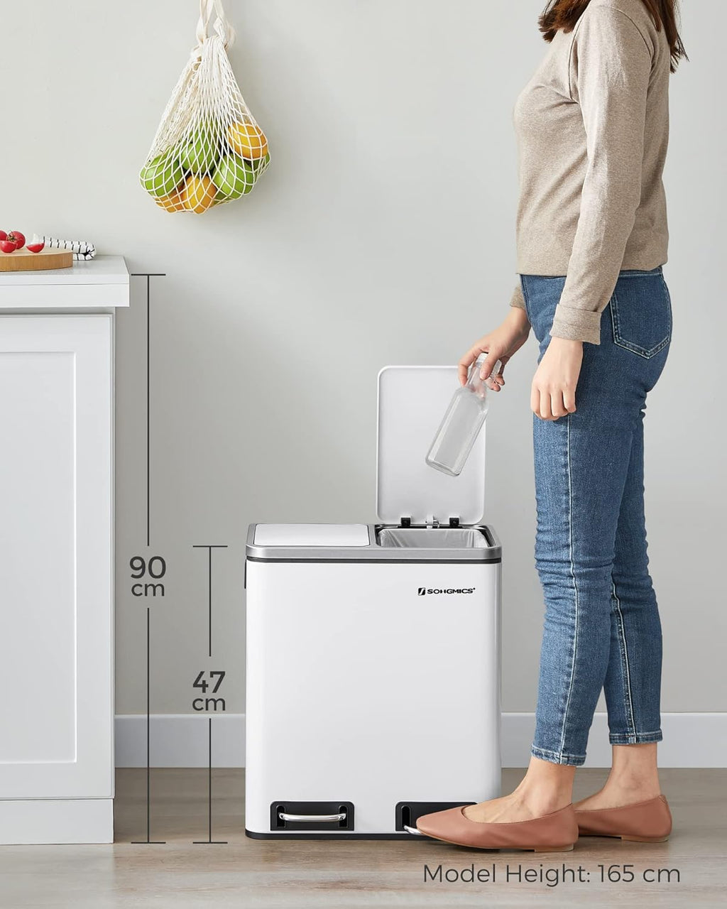 SONGMICS Cos de gunoi din inox cu 2 compartimente colectare selectiva, cu galeti interioare, 2x15litri, alb