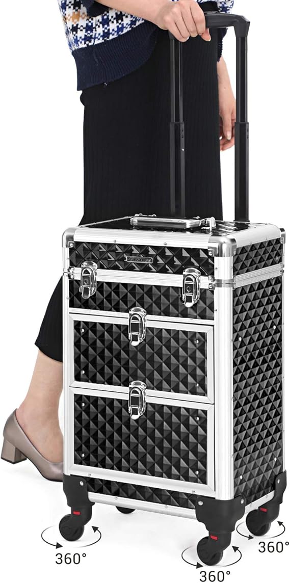 SONGMICS Valiza pentru cosmetice cu roti, profesionala, inchidere cu cheie, 24x34x56cm, negru