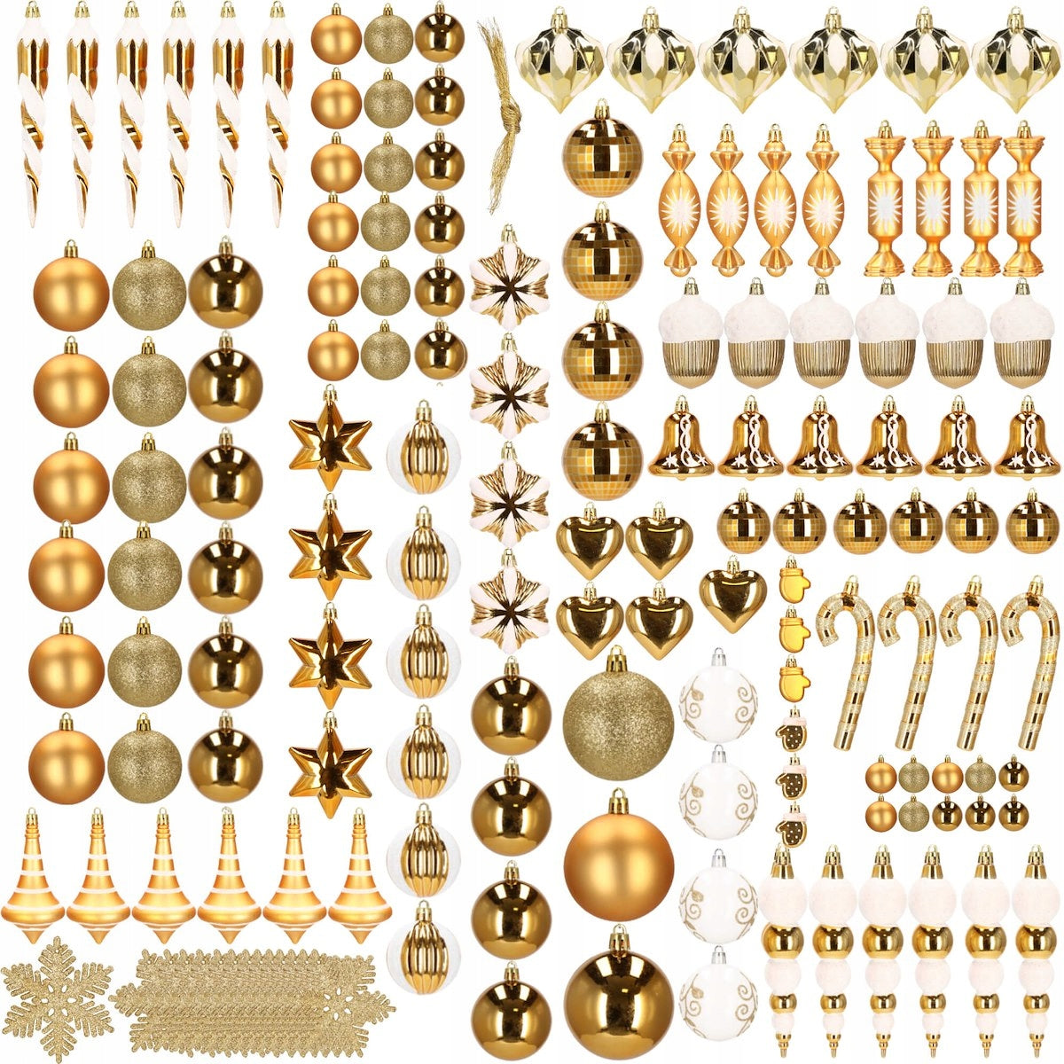 Set globuri si decoratiuni de Craciun, 155 piese, diverse dimensiuni, auriu