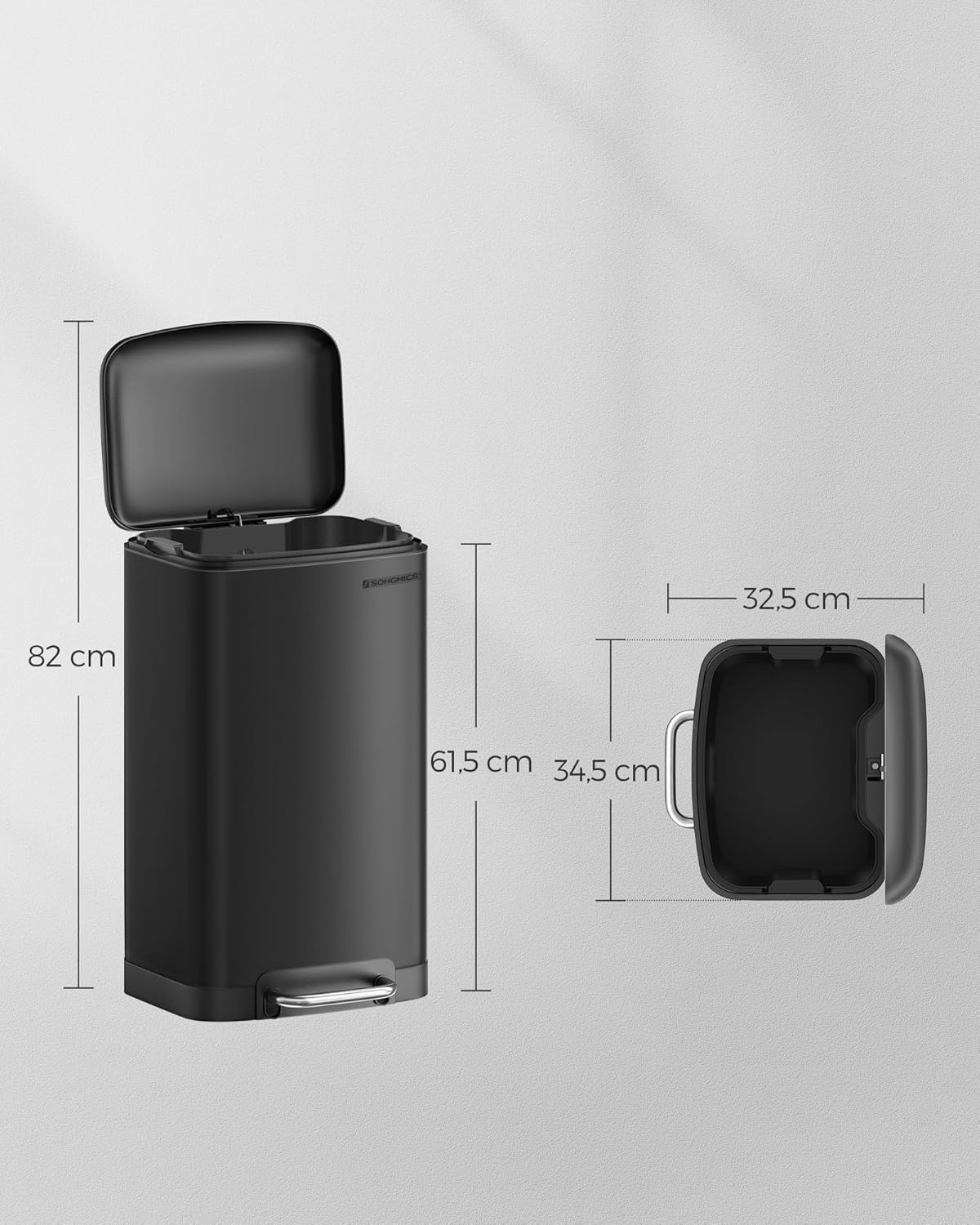 SONGMICS Cos de gunoi din otel, cu pedala si soft-close, galeata interioara, 30 litri, negru
