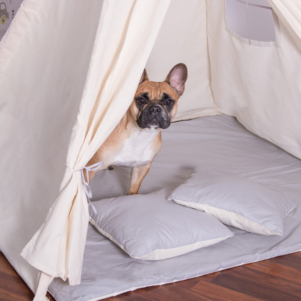 Cort copii  stil indian Teepee Tent cu fereastra, covoras gros si 2 perne, alb gri monocrom