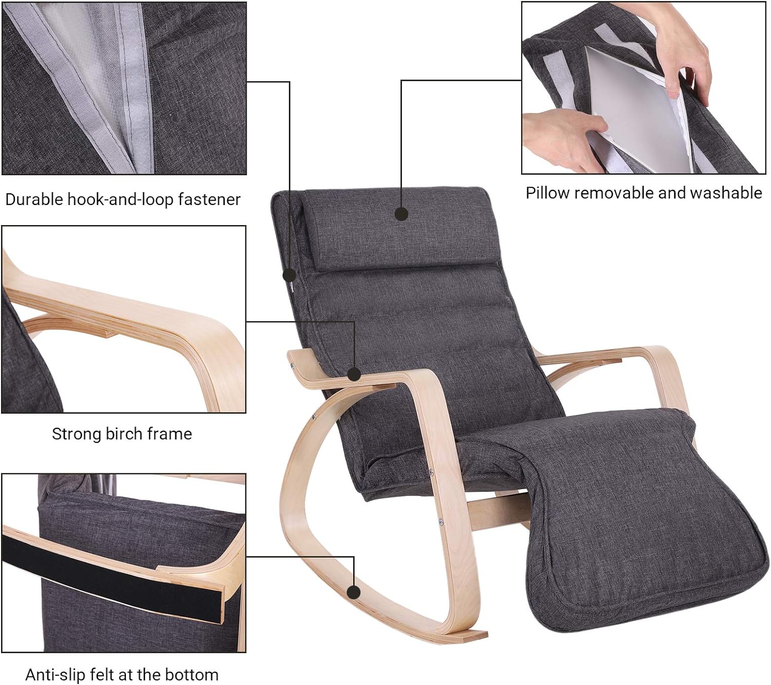 SONGMICS Scaun balansoar din lemn, suport picioare reglabil, maxim 150kg, 67x115x91cm, gri inchis