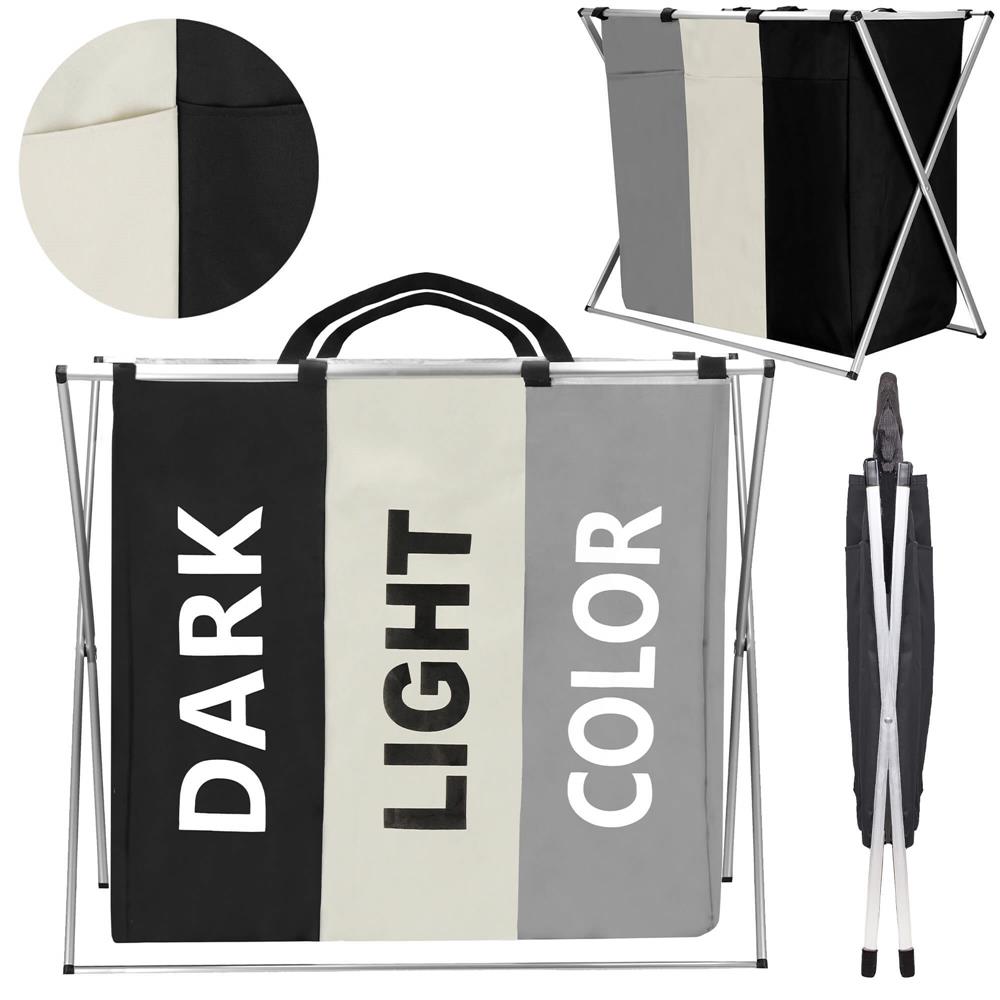 Cos de rufe cu 3 compartimente, cadru aluminiu, 60x40x68cm, 146 litri