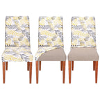 Set 4 huse pentru scaun, marime universala, poliester si spandex, 38x70cm, alb, gri si galben