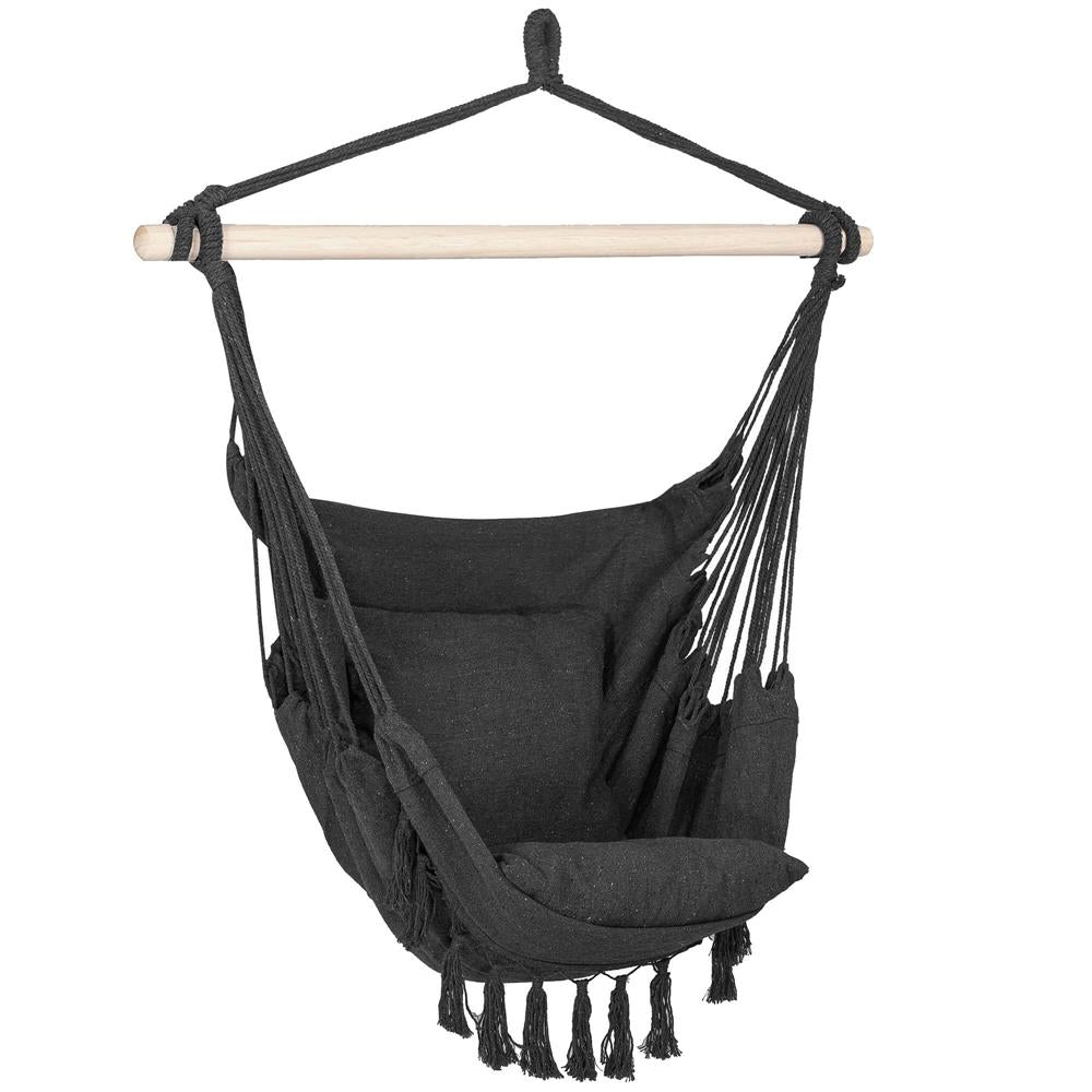 Hamac tip leagan suspendat pentru casa sau gradina, cu perne, 130x100cm, 150kg, gri inchis