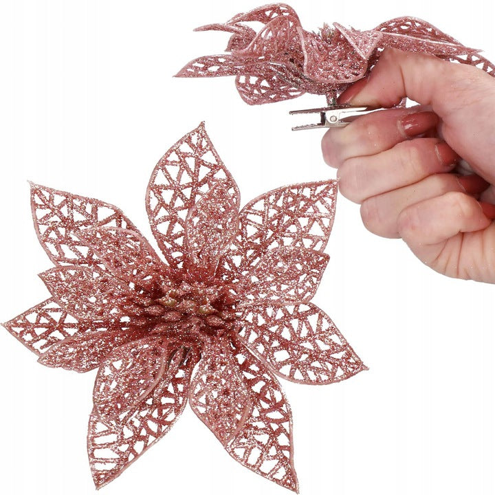 Set 10 ornamente pentru bradul de Craciun, stea Poinsettia, 10cm, roz